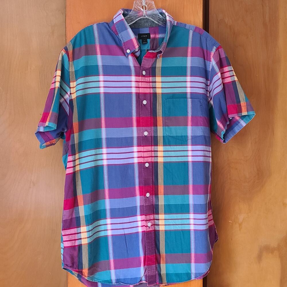Mens J Crew Button Down SS Shirt Large Multicolored Casual Plaid Preppy